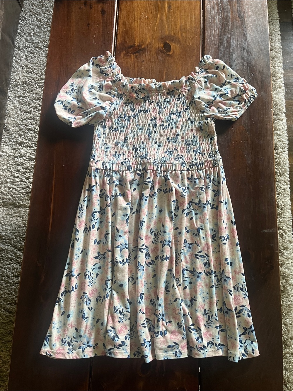 BCBGirls Pink and Navy Floral Smocked Puff-Sleeve Dress